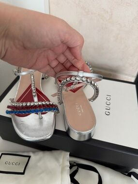 New Gucci Bertie Sandals with Red, Clear, and Blue Crystal Straps 37.5